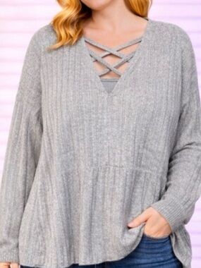 Women’s Plus Size Grey Cozy Sweater with Crossed Front - Size 4X